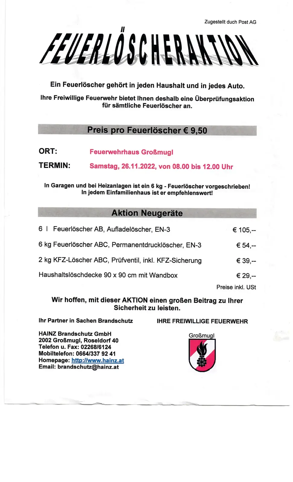 Feuerlöscherüberprüfung, 26.11.2022 von 8.00 bis 12.00Uhr